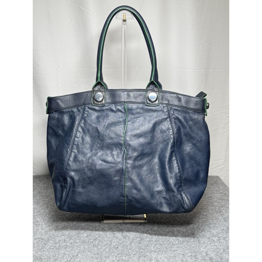 Banana Republic Leather Tote Bag Blue With Green Trim - Picture 2 of 9